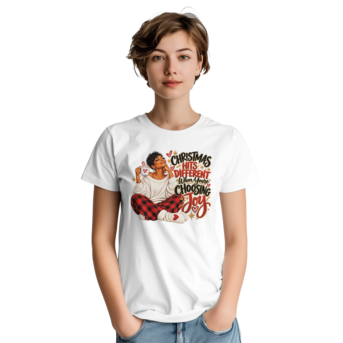 Model wearing white Choosing Joy Christian Christmas T-shirt