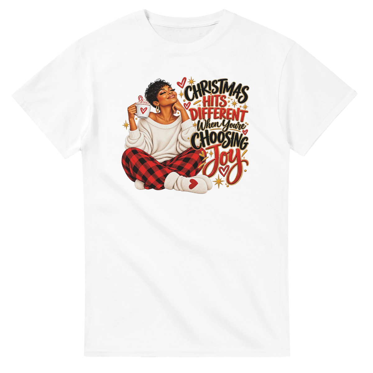 White Choosing Joy Christian Christmas T-shirt with festive holiday graphic