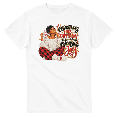 White Choosing Joy Christian Christmas T-shirt with festive holiday graphic