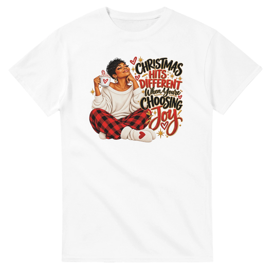 White Choosing Joy Christian Christmas T-shirt with festive holiday graphic