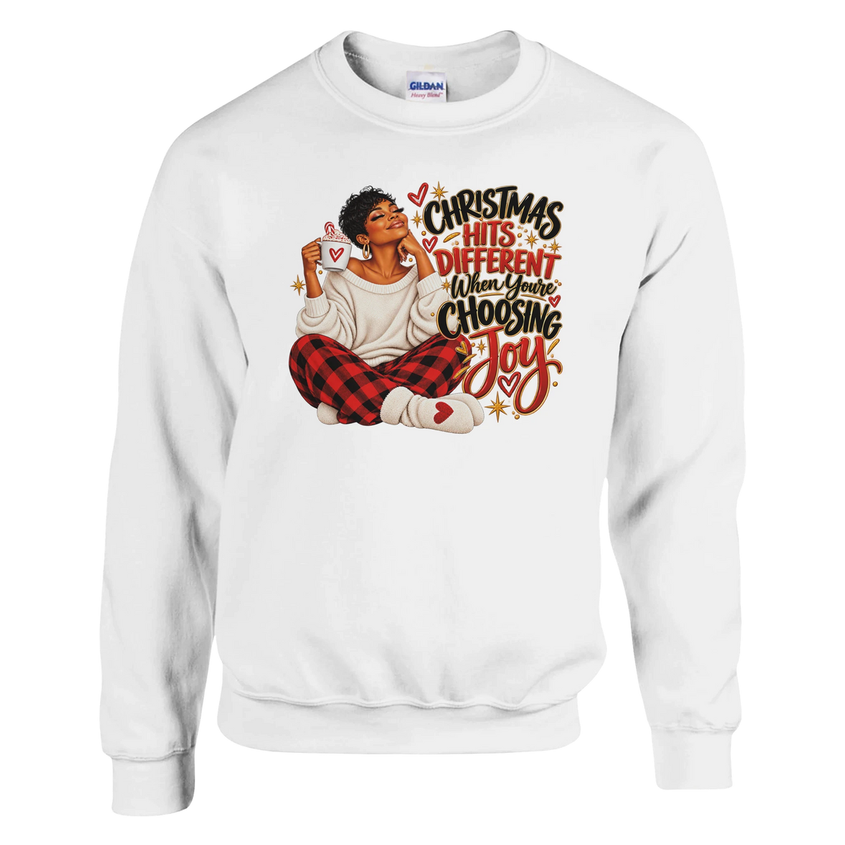 White Choosing Joy Christian Christmas sweatshirt with festive holiday graphic
